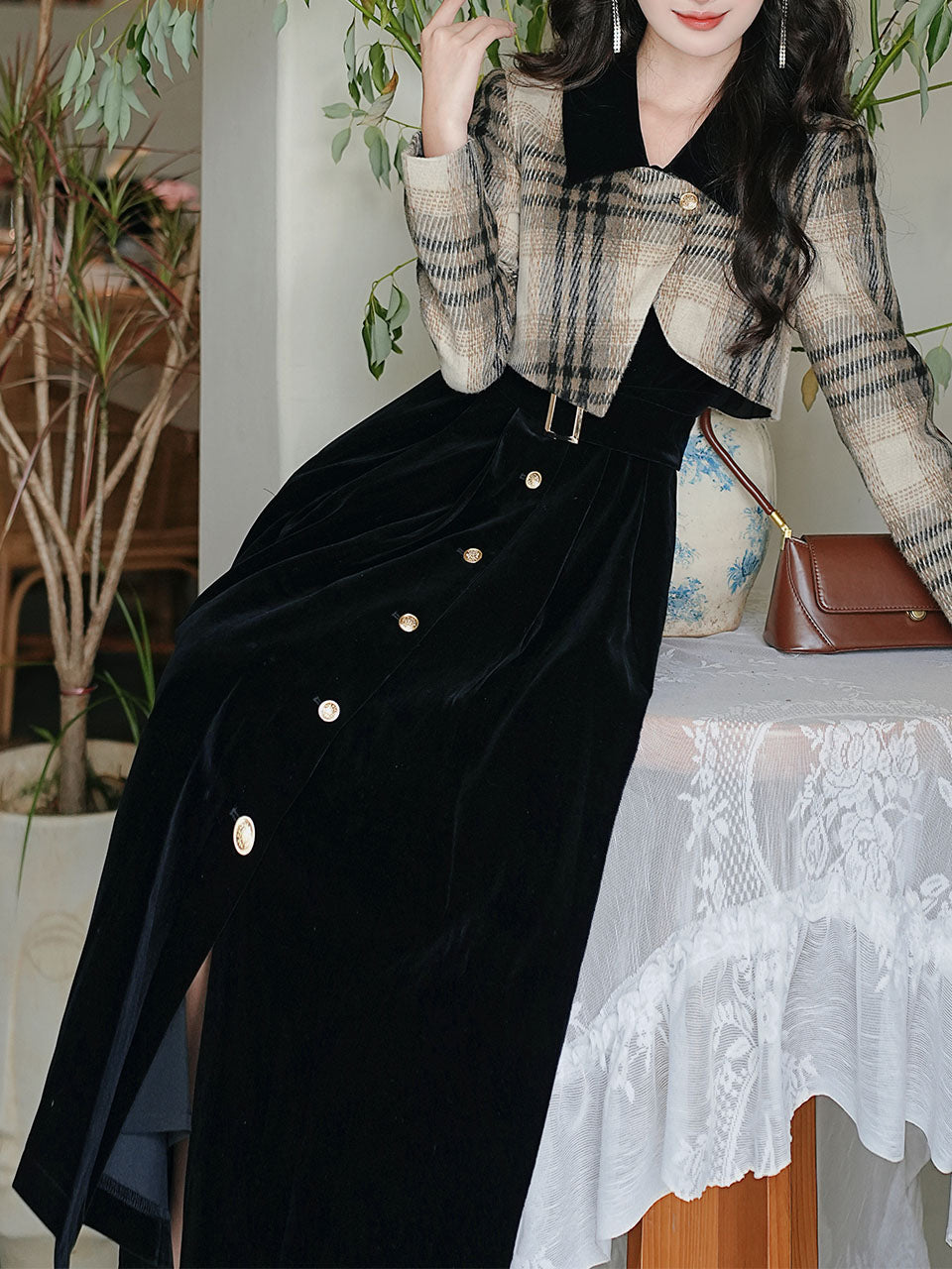 long sleeve plaid tweed dress Prosperina Portia Green Multi Plaid Tweed Shift Dress