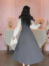 Load image into Gallery viewer, Grey Classic Shirt with Bow Tie and Gray V-Neck Rose Flower Jumper Fake Two-Piece Dress