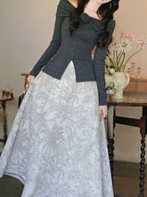Load image into Gallery viewer, Gray Off Shoulder Slit Knit Top and Floral Jacquard Maxi Skirt Set
