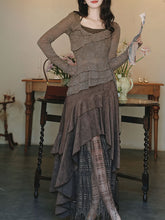 Load image into Gallery viewer, 1950S Vintage Brown Rose Top and Irregular lace Swing Skirt Set