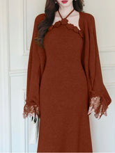 Load image into Gallery viewer, Vintage 1950s Green Knit Handmade Rose Collar Halter Dress Set Matching Shawl