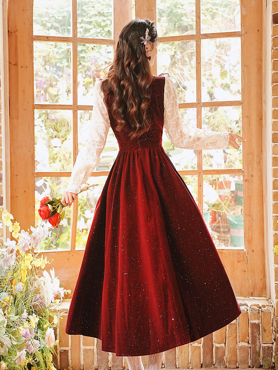 50s Retro Christmas Red Lace with Sequin Velvet Vintage Dress Red / S 50s Retro Christmas Red Lace with Sequin Velvet Vintage Dress Red / S