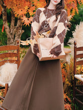Load image into Gallery viewer, 2PS Vintage Brown and White Argyle Sweater and Brown Swing Skirt Vintage Audrey Hepburn&#39;s Style Outfits