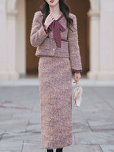 Load image into Gallery viewer, 2PS Purple Bow Tweed Warm Coat With Skirt 1950S Vintage Set