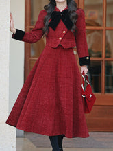 Load image into Gallery viewer, 2PS Red Bow Tweed Warm Coat With Swing Skirt 1950S Vintage Audrey Hepburn's Style Outfits