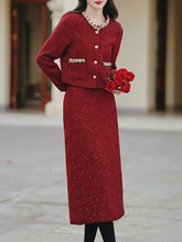 Load image into Gallery viewer, 2PS Red Luxurious Sequined Warm Tweed Coat With Skirt 1950S Vintage Suit