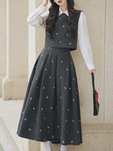 Load image into Gallery viewer, 3PS Preppy Set White Button-Down Shirt with Grey Woollen Sleeveless Vest and Swing Skirt