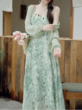 Load image into Gallery viewer, 2PS Green Floral Print Lace Dress with Matching Cardigan