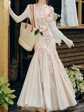 Load image into Gallery viewer, Pink Floral Print Spaghetti Strap Fishtail Flared Vintage Maxi Dress