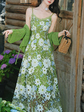 Load image into Gallery viewer, 2PS Green Floral Lace Dress with Green Knit Mesh Cardigan