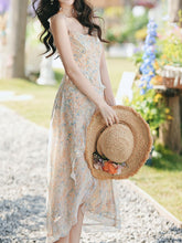 Load image into Gallery viewer, 2PS Apricot Floral Printed Spaghetti Strap High-low Ruffled Hem Vintage Dress With Cardigan Suit