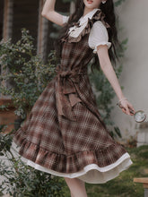 Load image into Gallery viewer, Brown Plaid Fake Two-Piece Short Sleeve Vintage Dress