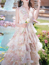 Load image into Gallery viewer, Pink Floral Print Halter Neck Backless Vintage Dress