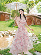 Load image into Gallery viewer, 2PS Pink Ruffles Floral Printed Spaghetti Strap Vintage Dress With Cardigan Suit