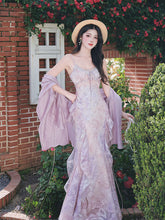 Load image into Gallery viewer, 2PS Purple Ruffles Floral Printed Spaghetti Strap Vintage Dress With Cardigan Suit