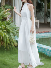 Load image into Gallery viewer, Audrey Hepburn style White Halter Neck Muse Maxi Dress with Long Flowing Scarf