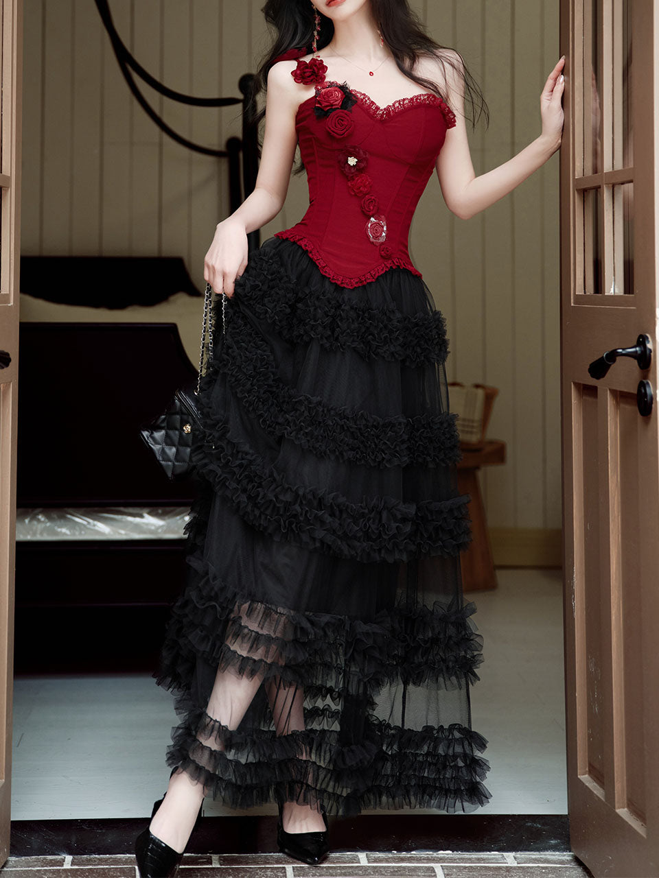 dark red corset dress Gothic Tiered Tulle Maxi Rose Asymmetric Ruffle Romantic Party Gown, Red / XS Variant:Sweetheart Pink XSmall LaDivine Style Patent Bridesmaid Dress Black Flowy