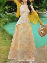 Load image into Gallery viewer, Romantic Yellow Floral Lace Tulle Maxi Dress and Knit Cardigan Set