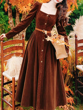 Load image into Gallery viewer, Vintage Brown Velvet Square Neck Puff Sleeve Button-Down Midi Dress