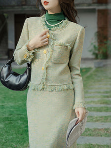 2PS Green Tweed Top And Swing Skirt 1950s Vintage Suit