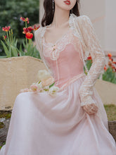 Load image into Gallery viewer, 2PS Pink Lace Spaghetti Strap 1950S Swing Victoria&#39;s Fairy Dress With Lace Cardigan