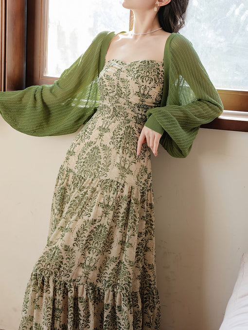 Green Bohemian Floral Print Chiffon Maxi Dress Prom Dress With Cardigan