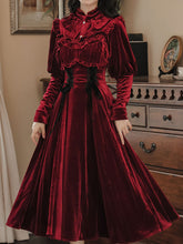 Load image into Gallery viewer, 2PS Wine Red Ruffles Velvet Shirt and Strap Dress Suit