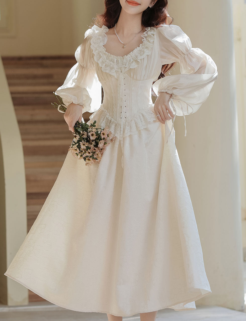 Sweet Victorian Ruffles Corset Long Sleeve Wedding Maxi Dress with Wedding Veil Apricot / L Sweet Victorian Ruffles Corset Long Sleeve Wedding Maxi Dress with Wedding Veil Apricot / L