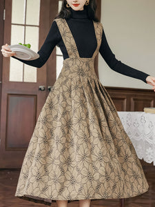 2PS Black Sweater With Brown Floral Suspender Corduroy Dress