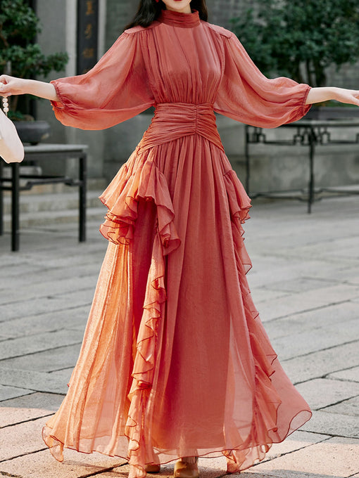 Orange Romantic Ruffle Long Sleeve Vintage Maxi Dress