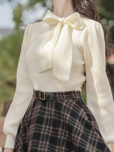 2PS White Bow Knitted Sweater Top With Plaid Skirt Vintage 1950s Suits