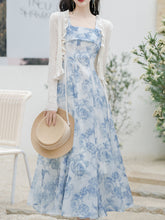 Load image into Gallery viewer, 2PS Blue Rose Spaghetti Strap 1950S Vintage Dress With Long Sleeve Cardigan