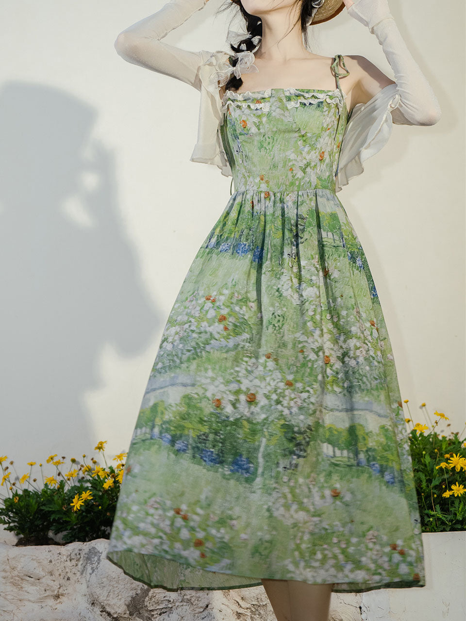 green emerald velvet dress 2PS Green Floral Print Suspender Print Vintage Dress and Cardigan Suit, Green / S