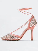 Load image into Gallery viewer, 10CM High Heel Square Toe Rhinestones Twine Sandals