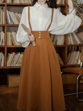 Load image into Gallery viewer, 2PS White Long Sleeve Blouse And Yellow Stripe  Pockets Swing Skirt Dress Set