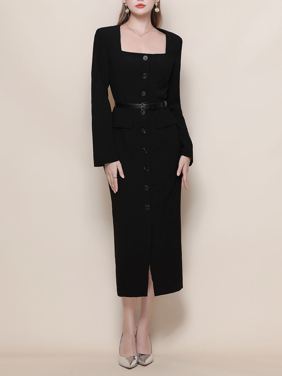 Black Square Collar Long Sleeve Bodycon 1960s Dress, Black / M