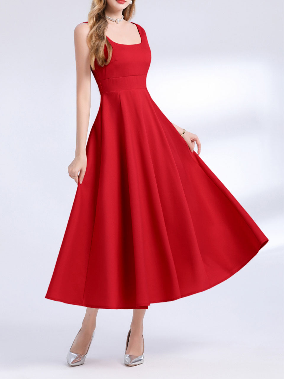 Red Satin V Neck Sleeveless Classic 1950S Vintage Sweet Party Dress, Red / XS Red Satin V Neck Sleeveless Classic 1950S Vintage Sweet Party Dress, Red / XS