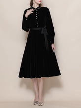 Load image into Gallery viewer, Black Mandarin Collar Velvet Retro Dress
