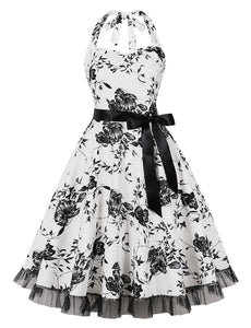 Butterfly Floral Print Sweet Heart Halter Sleeveless 1950S Vintage Dress