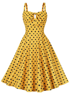 1950S Spaghetti Strap Bow Vintage Dress With Yellow and Black Polka Dots