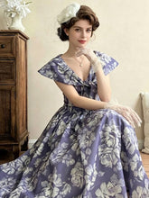 Load image into Gallery viewer, 1950s Audrey Hepburn style Vintage Lavender Floral Dress | Retro V Neck Bow Rockabilly Swing Dress