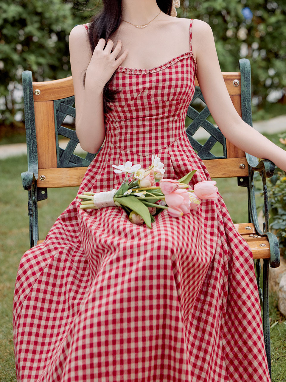 2PS Red Plaid Spaghetti Strap Dress With White Shawl Dress Suit, Red / M 2PS Red Plaid Spaghetti Strap Dress With White Shawl Dress Suit, Red / M