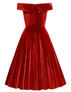 Christmas Red Off Shoulder Velvet 1950S Vintage Swing Dress