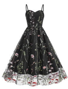 Wine Red Semi Mesh Flower Embroidered Spaghetti Strap Sleeveless 50S Swing Dress