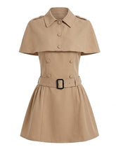 Load image into Gallery viewer, Vintage khaki trench dress set featuring a sleeveless double-breasted mini dress and a matching detachable capelet with a waist belt.