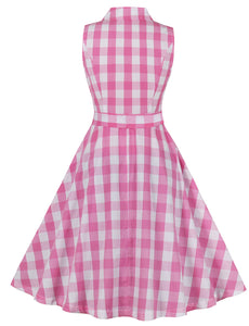 Barbie Pink And White Plaid V Neck 1950s Swing Dress