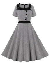 Load image into Gallery viewer, 1950s Black Square Collar Plaid Short Sleeve Vintage Swing Dress With Button