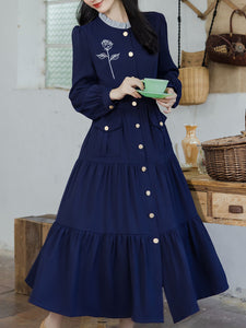 Navy Rose Artificial Embroidered Lace Collar Dress