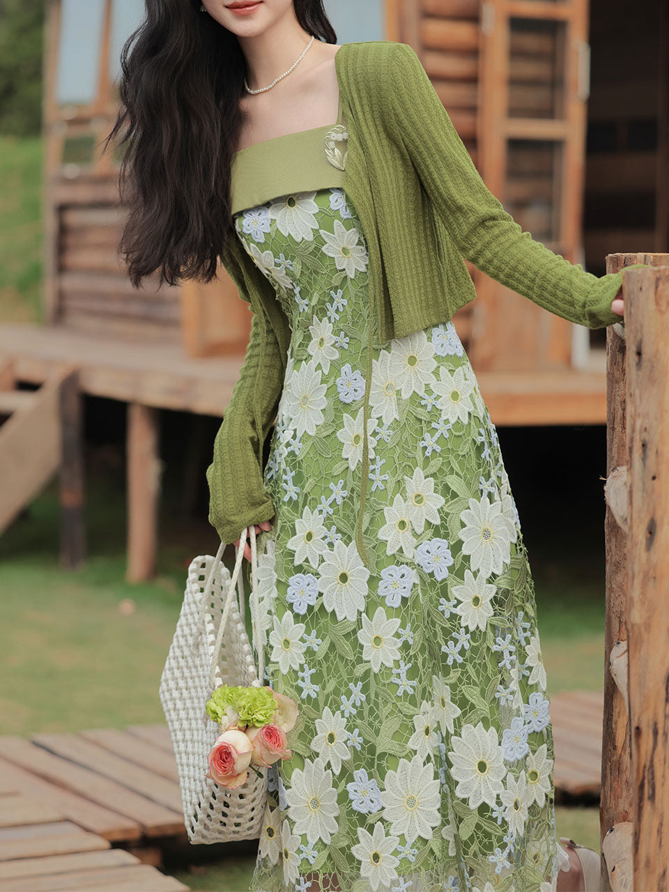1940S Green Lace Embroidered Spaghetti Strap Vintage Dress, Green / L 1940S Green Lace Embroidered Spaghetti Strap Vintage Dress, Green / L