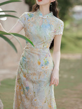 Load image into Gallery viewer, Light Green Burnout Print Cap Sleeve Cheongsam Dress
